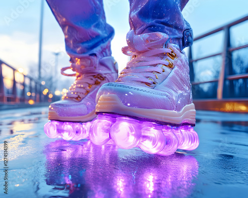 Person wearing illuminated roller skates on wet city street photo