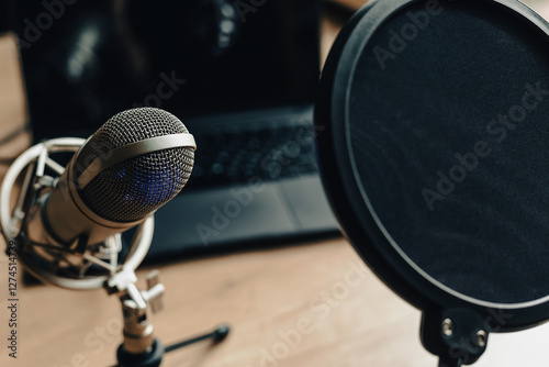 On the air concept - microphone with filter and laptop computer. Podcast recording
