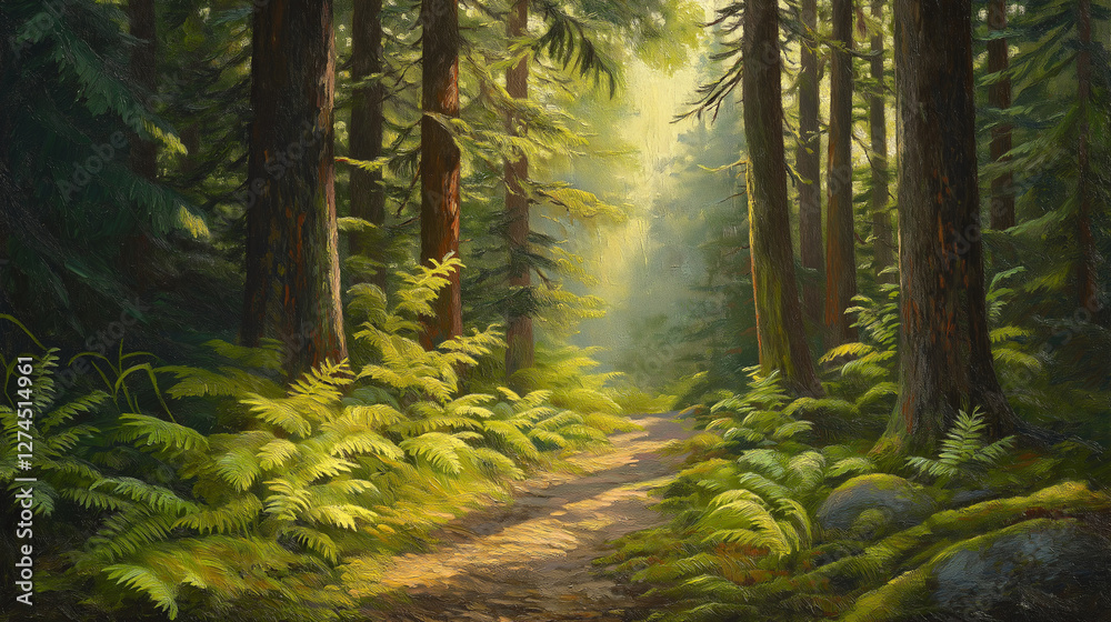 Fototapeta premium Sun-dappled forest path from below with green ferns and moss creating a peaceful setting