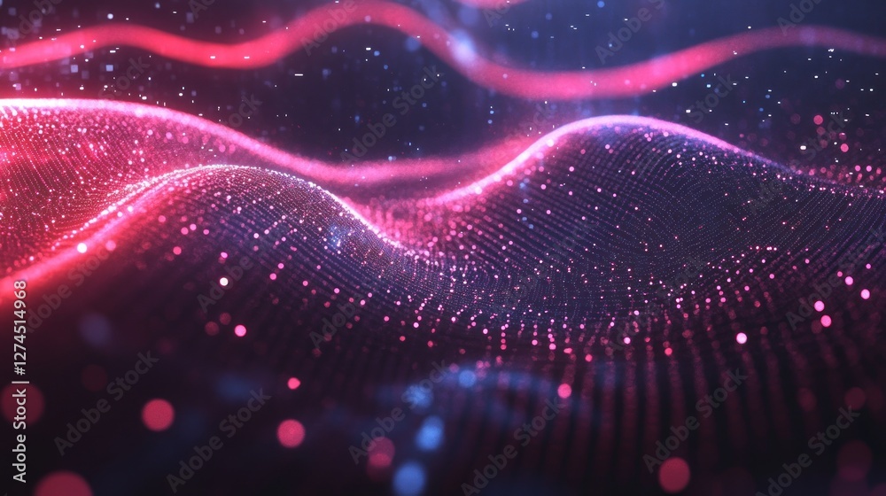 Abstract representation of flowing waves with vibrant pink and blue particles, creating a dynamic visual effect, suitable for digital art backgrounds Abstract representation of flowing waves with vibrant pink and blue particles, creating a dynamic visual effect, suitable for digital art backgrounds
