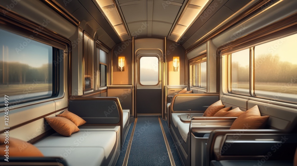 Luxurious train interior with cozy seating and sunset Luxurious train interior with cozy seating and sunset