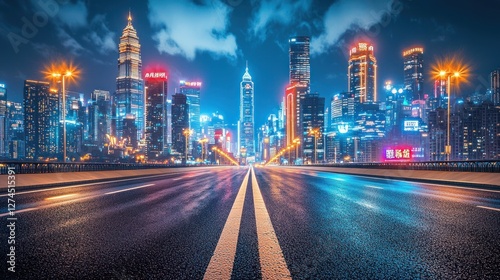 Night Cityscape Roadway Illuminated Skyscrapers