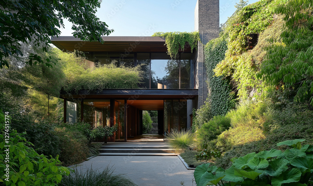 Designer penthouse with towering entrance and foliage-clad architecture creating a luxurious vibe Designer penthouse with towering entrance and foliage-clad architecture creating a luxurious vibe