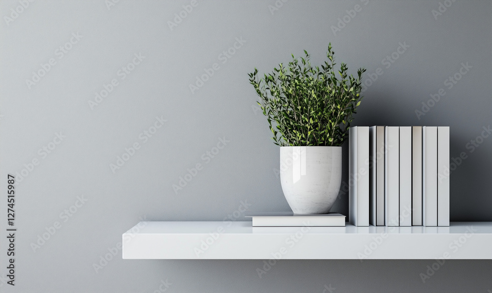 Fototapeta premium Modern white shelf on a dusty gray wall with neutral accents for a minimalist look