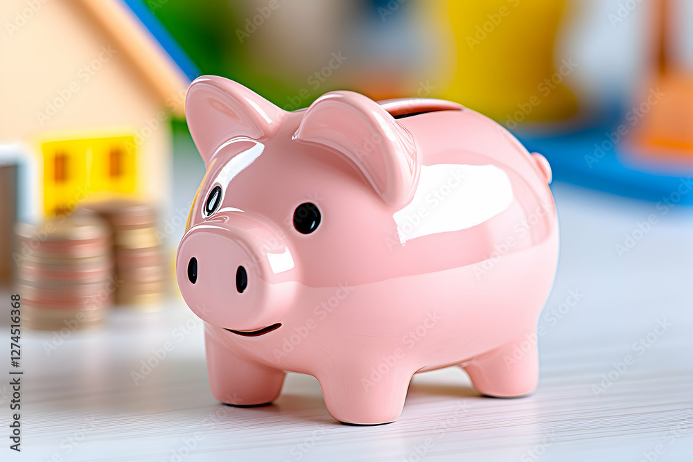 Pink piggy bank with miniature houses and coins. Savings concept. Possible use Stock photo for financial education, saving, or home purchase Pink piggy bank with miniature houses and coins. Savings concept. Possible use Stock photo for financial education, saving, or home purchase