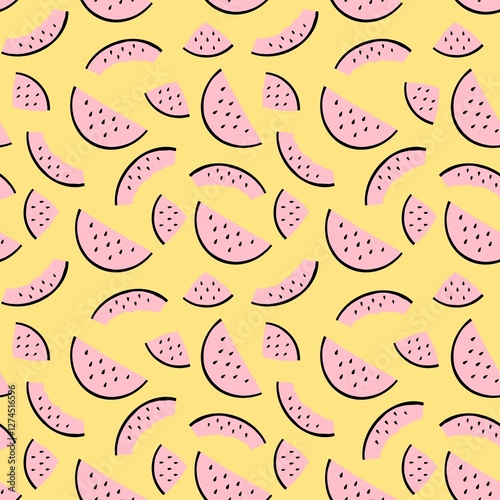 Vibrant seamless pattern of watermelon slices in pink and black against a cheerful yellow backdrop, creating a lively and fresh aesthetic.