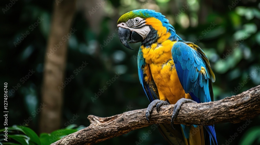 Vibrant Blue-and-gold Macaw Perched on a Branch in Lush Greenery Vibrant Blue-and-gold Macaw Perched on a Branch in Lush Greenery