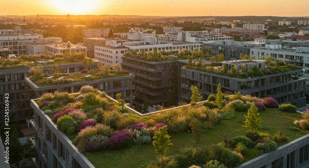 Obraz premium Urban Rooftop Gardens: A Greener Cityscape - Aerial view of modern city buildings with vibrant green rooftop gardens at sunset. Sustainable urban design and environmental responsibility