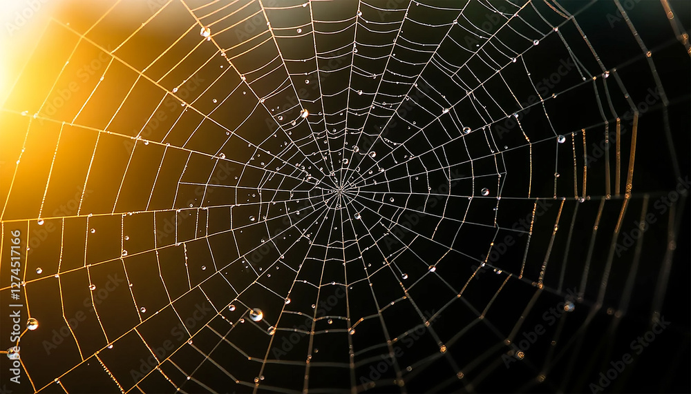 Obraz premium Close-Up of a Beautiful Spider Web with Dew Drops Glowing in Golden Sunlight, Capturing Nature's Intricate Design and Morning Serenity