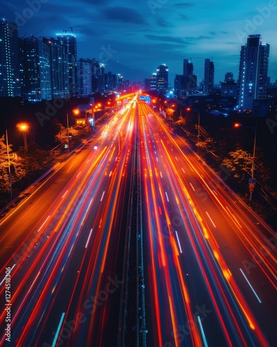 City traffic long exposure night highway, skyscrapers in bg, for transport/urban development