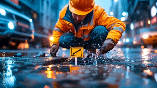 Rainy City Road Repair Worker
