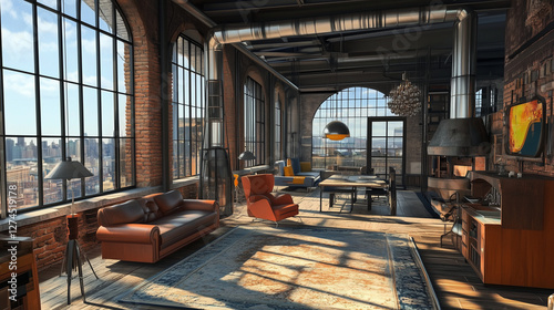 Urban loft featuring large windows and exposed pipes with a modern industrial flair