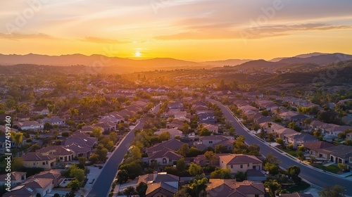 Suburbia Sunset: An aerial view captures the warmth of a sunset over a suburban community, revealing a network of homes, streets, and the natural landscape beyond.