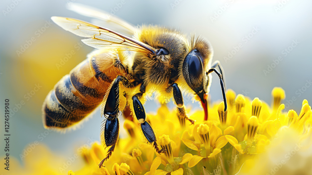 female bee Halictus sp pollinating and feeding on yellow yarrow flowers.