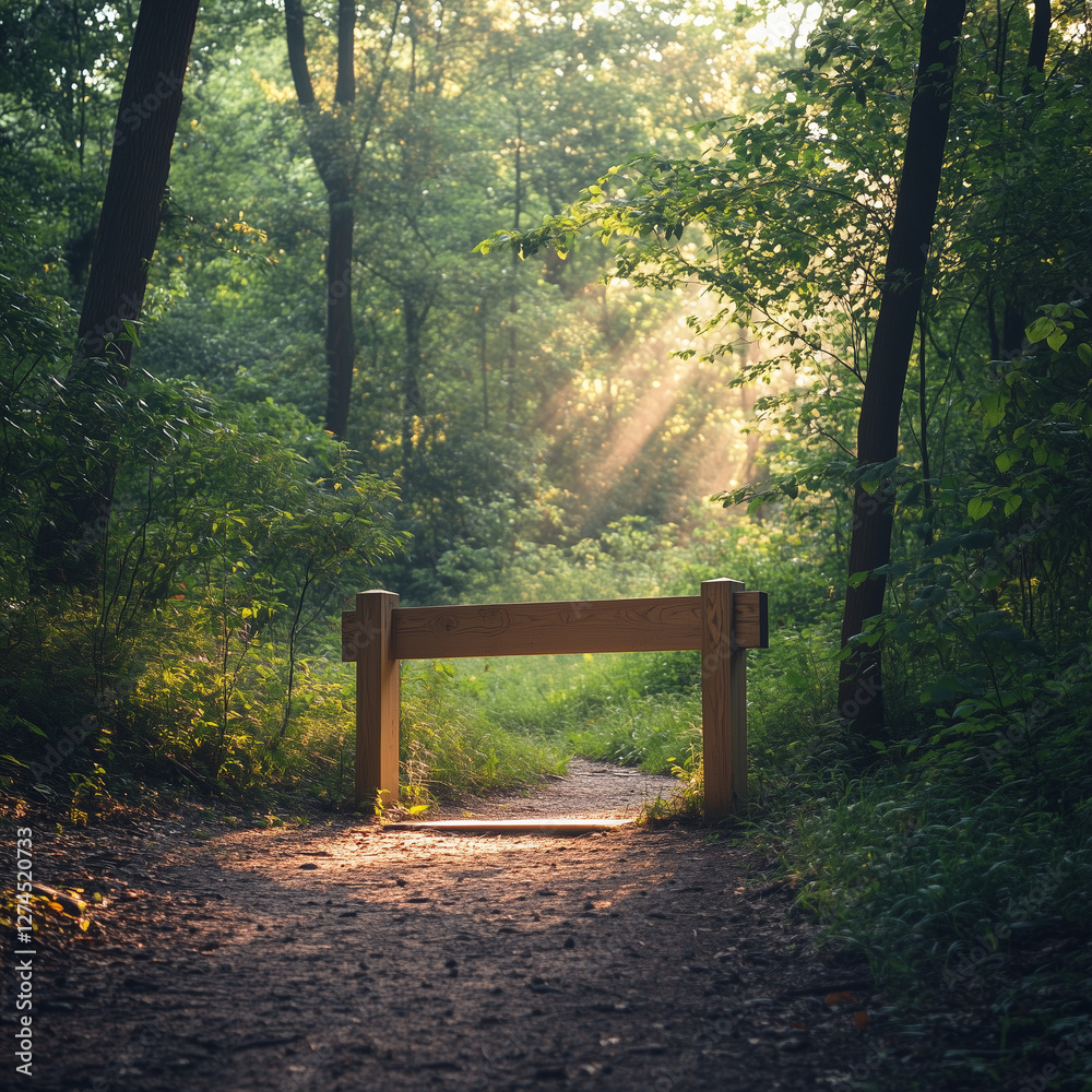Wooden barrier on forest path with sunbeams through trees Wooden barrier on forest path with sunbeams through trees