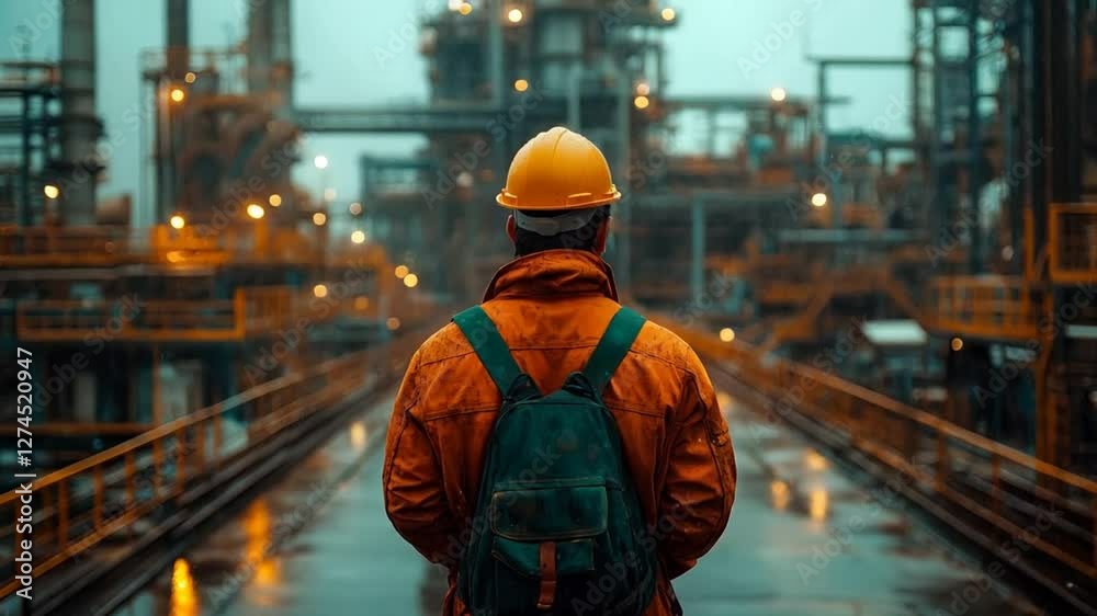 Industrial worker observing machinery operations at night in rainy weather. Industry. Oil refining equipment.