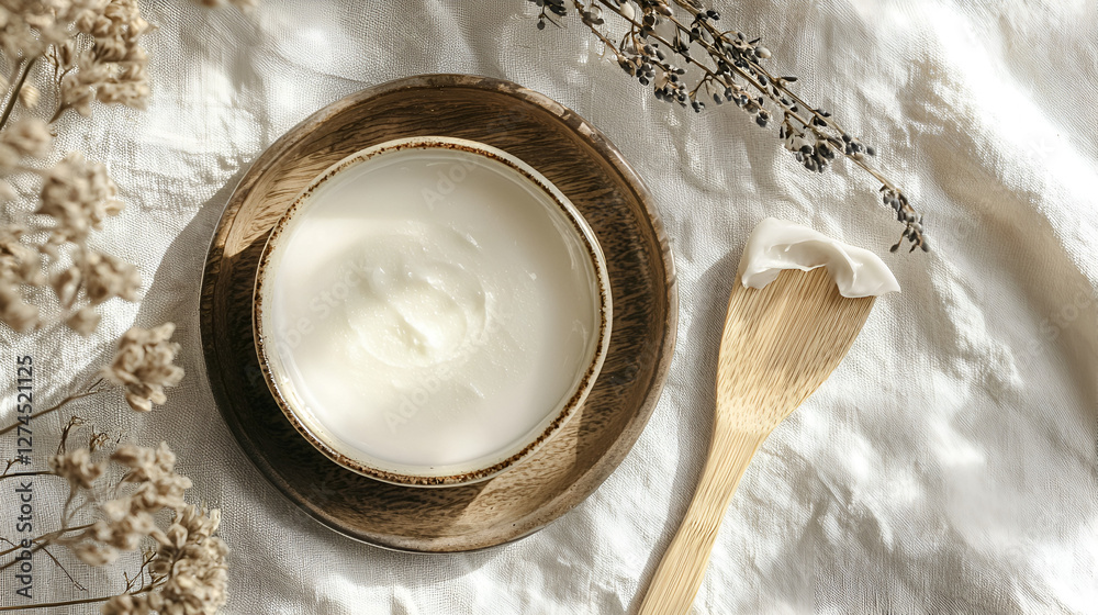 Natural Cream: Creamy lotion in a bowl on a wooden plate with wooden spatula and flowers on fabric background. Natural Cream: Creamy lotion in a bowl on a wooden plate with wooden spatula and flowers on fabric background.