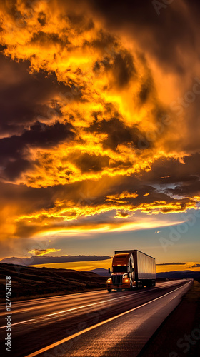 A truck is driving on the highway, with the setting sun in the background
