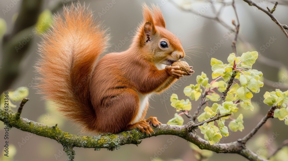 Fototapeta premium Adorable Red Squirrel Enjoying a Nut on a Branch
