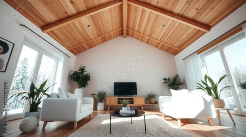 Modern Living Room Design with Vaulted Wood Ceiling