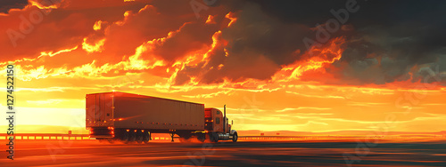 A truck is driving on the highway, with the setting sun in the background
