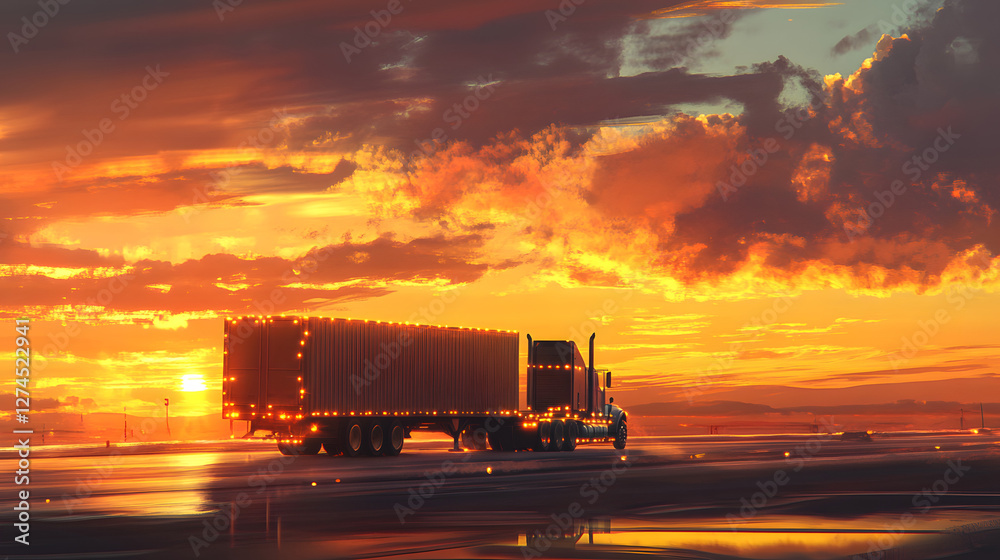 A truck is driving on the highway, with the setting sun in the background
A truck is driving on the highway, with the setting sun in the background