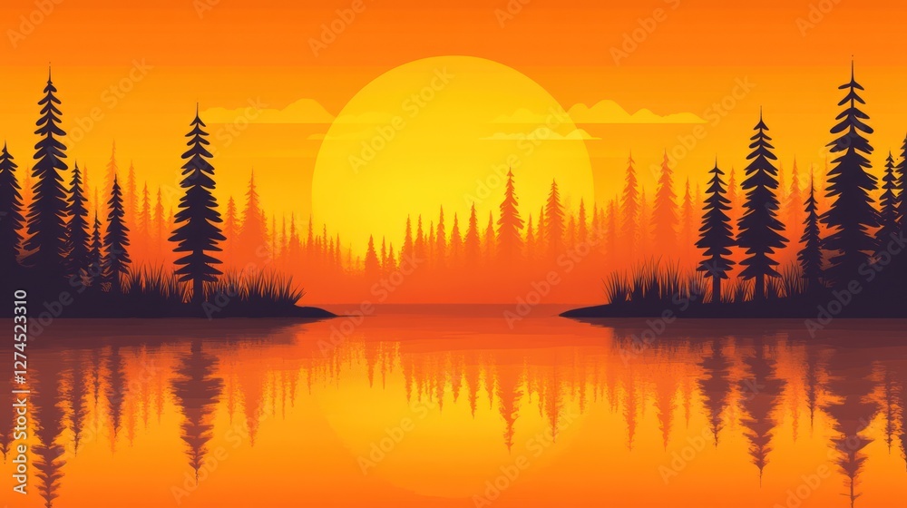 Obraz premium Sunset Silhouette Over Calm Lake And Forest
