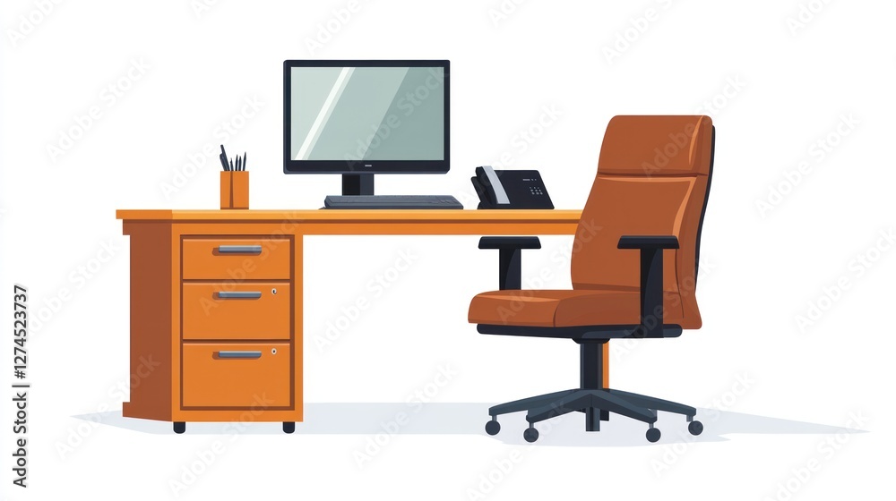 Office desk, chair, computer, phone, work Office desk, chair, computer, phone, work