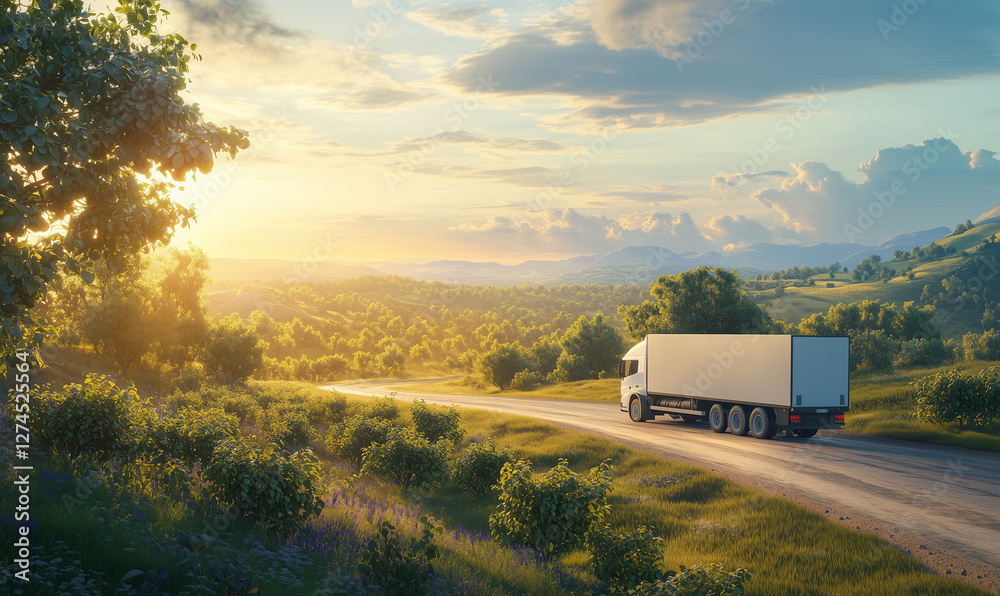 Cutting-edge transport truck on a winding country road, highlighting modern technology and design Cutting-edge transport truck on a winding country road, highlighting modern technology and design
