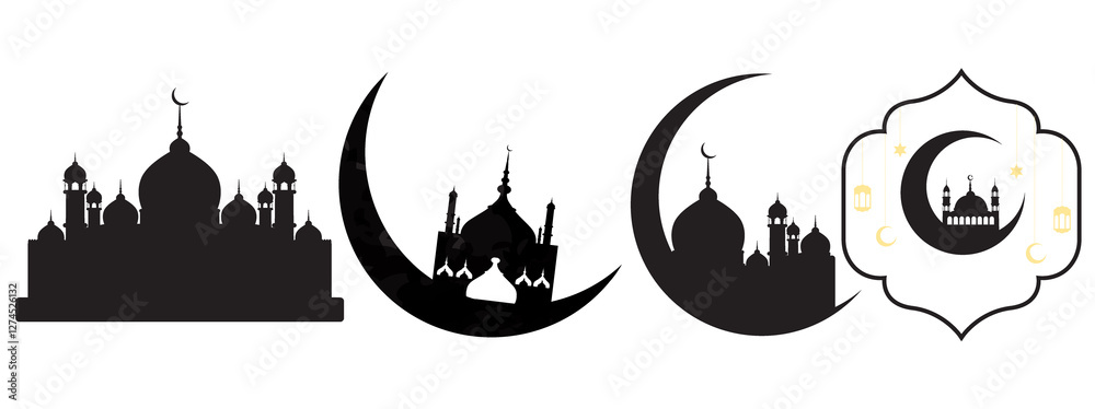 Fototapeta premium Ramadan Kareem Crescent Moon with Mosque Silhouette Design