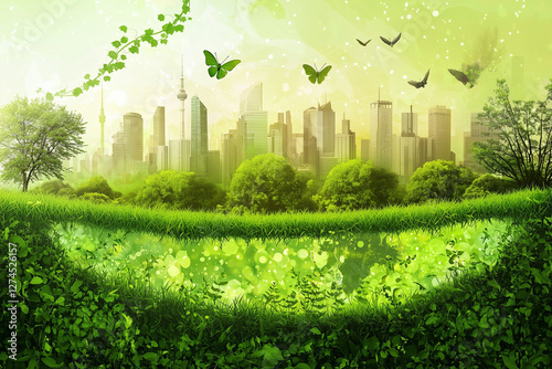 Green landscape blending with modern city skyline, featuring lush trees, butterflies, and birds in flight.