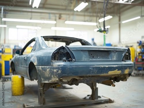 Abandoned car in auto repair shop under renovation