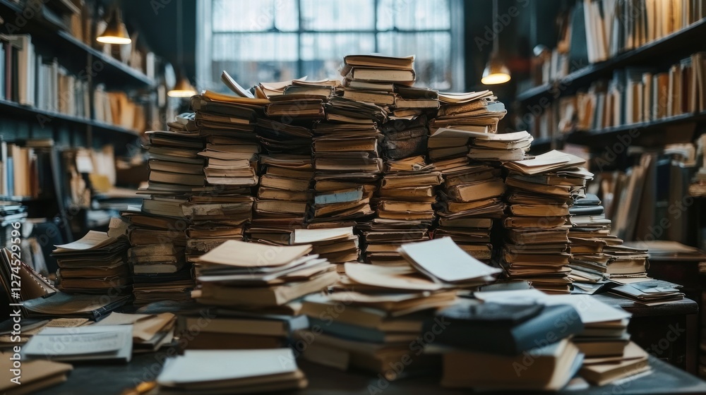 Fototapeta premium Stacked books in a cozy library with warm lighting