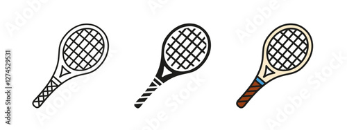 Tennis racket icon. Sports equipment vector illustration. Classic wooden or modern graphite racket symbol. Professional championship or recreational game sign. Athletic competition exercise pictogram.