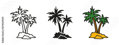 Palm tree icon. Tropical island vector illustration. Exotic nature symbol. Beach vacation sign. Coconut tree with leaves and sand pictogram.