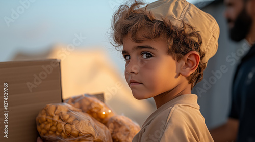 Young boy holding a box and food supplies at a refugee camp with tents in the background. Humanitarian aid and relief efforts for earthquake survivors. Crisis support and charity concept. photo