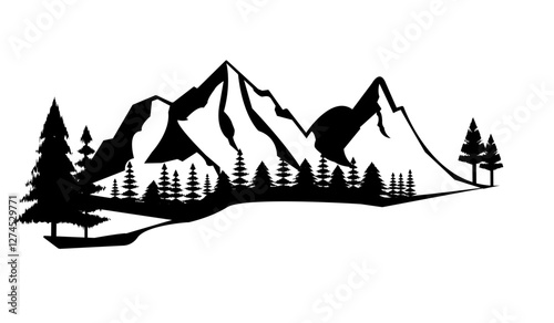 Mountain silhouette vector illustration. Black silhouette of mountains peaks landscape banner panorama illustration.