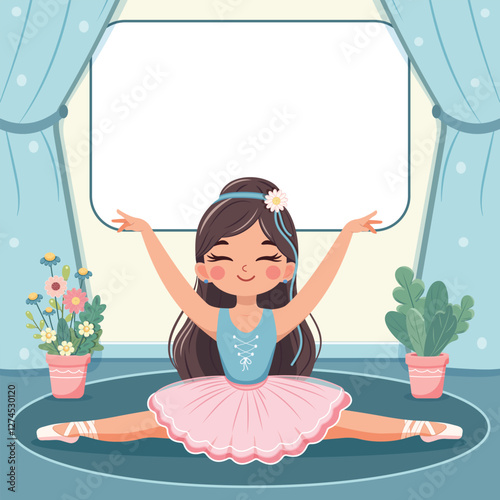 Template with cute ballerina in pink and blue dress doing the splits and with custom text placed on a white background. Poster, Banner, Flyer, Greeting Card. Vector illustration in flat cartoon style