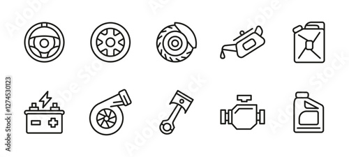 Car part icon set. Automotive repair and maintenance vector illustration. Collection of engine components, wheels, battery, turbo and brake disc. Fuel and oil container symbols.