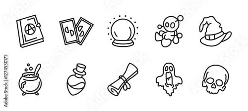 Magic icon set. Mystical and occult vector illustration. Collection of spell book, crystal ball, potion, tarot cards and witch hat. Symbols of wizardry, ghost, skull and alchemy.