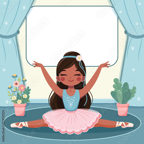 Template with cute ballerina in pink and blue dress doing the splits and with custom text placed on a white background. Poster, Banner, Flyer, Greeting Card. Vector illustration in flat cartoon style