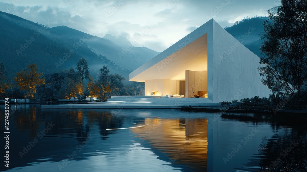 Fototapeta premium Modern Minimalist House Lakeside Mountain Setting