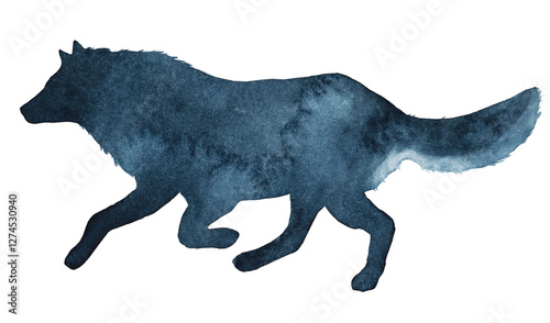 Watercolor illustration of the silhouette of a running wolf on a transparent background
