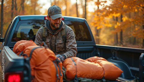 Man loads gear into truck for backcountry camping trip in forest at autumn. Orange backpack ready for journey into nature, wild adventure, relax outdoors.