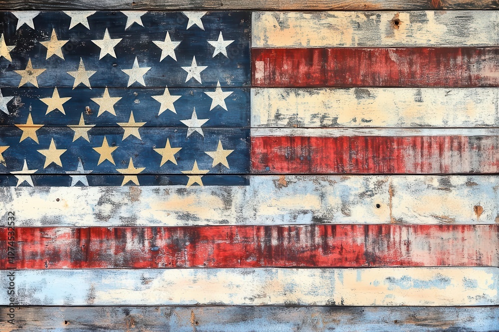 contemporary interpretation of american flag using mixed media, distressed denim textures and metallic accents on weathered wood