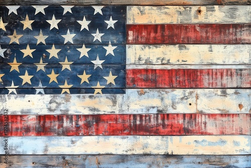 Obraz na płótnie contemporary interpretation of american flag using mixed media, distressed denim textures and metallic accents on weathered wood w salonie
