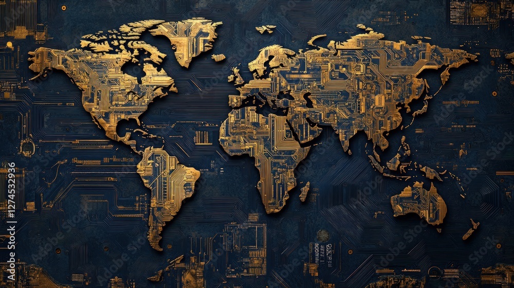 Naklejka premium Global network connection circuit board world map