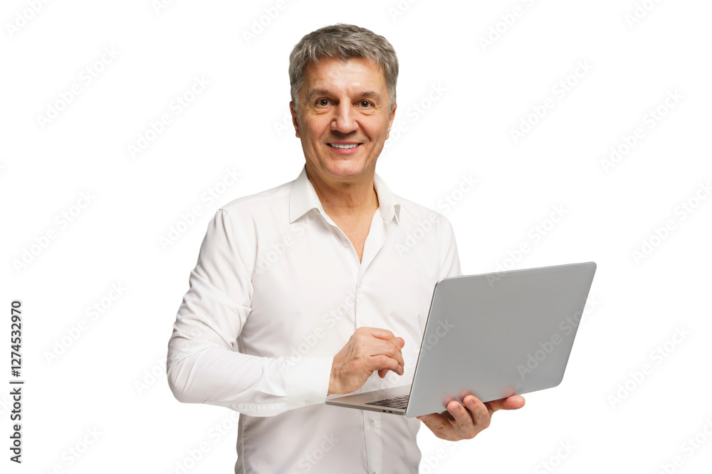 Smiling man holding a laptop while standing against a plain background in a bright, professional setting Smiling man holding a laptop while standing against a plain background in a bright, professional setting