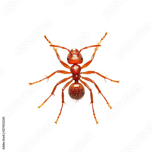 Magnified red ant isolated against stark white background with precise lighting