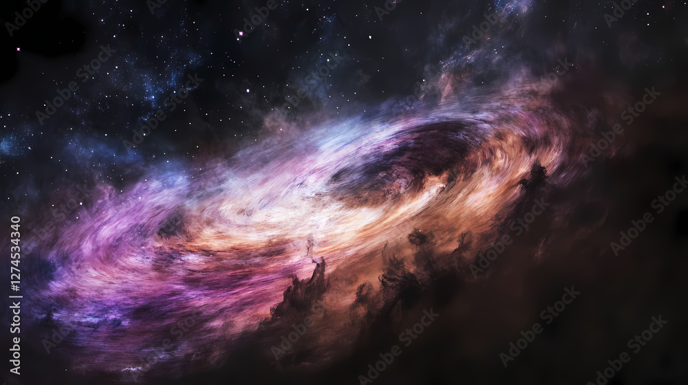 Fototapeta premium Vibrant cosmic cloud with stars and nebula showcasing beautifully blended colors of purple, pink, blue, and black in a stunning galactic background. Galactic Optical Illusions. Illustration